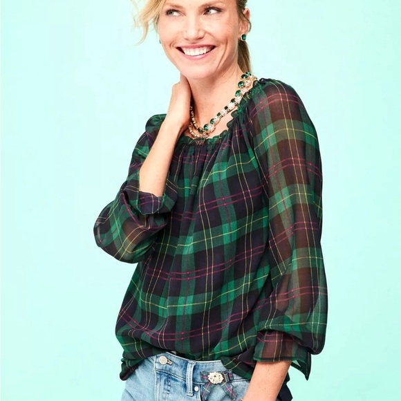 Talbots Holiday Blouse Green Blue Plaid Sheer Sleeve Pull On Style Top Sz MP - Picture 1 of 10